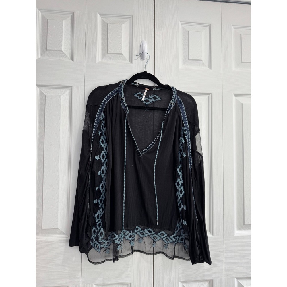 Free People Eden Loose Top Women's Medium Black Aztec Sheer Embroidered V-Neck